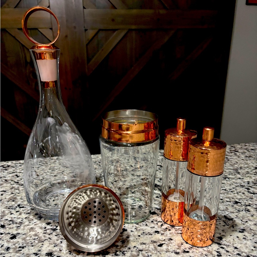 Copper and Glass Barware Set and S&P Grinders